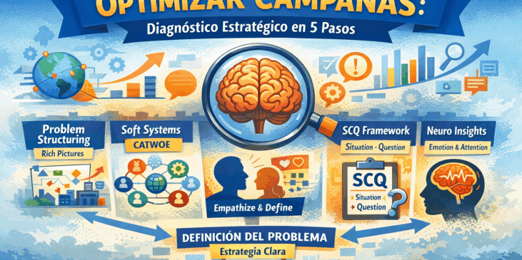 Diagrama del proceso de consultoría de neuromarketing en cinco pasos antes de optimizar campañas: PSM, SSM, Design Thinking, SCQ y diagnóstico neurocognitivo.