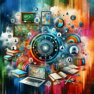 A digital collage showcasing a blend of traditional and modern educational elements. The image features laptops, tablets, and digital screens with educational content, juxtaposed with a chalkboard and textbooks. Symbols of collaboration, like interconnected human figures and network diagrams, illustrate the unity of educators in a community of practice. The background is colorful and dynamic, embodying the transformative essence of the OPLE project.