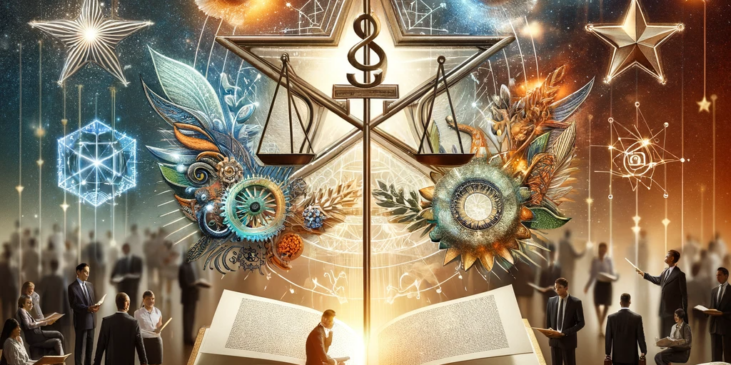 An abstract representation of 'Ethical Frameworks in Organizational Culture' featuring an open book symbolizing a Code of Conduct. The image includes a diverse corporate team working together harmoniously, with symbolic elements like balance scales, compasses, and beams of light, depicting ethical values and integrity in a professional setting
