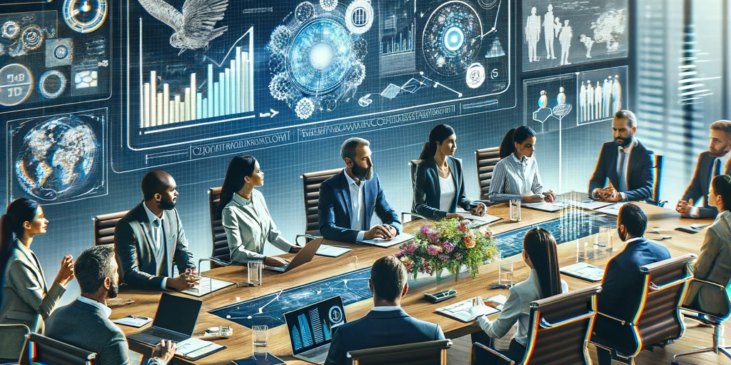 A diverse group of professionals engaged in a strategic meeting in a modern boardroom, with a focus on consortium management, featuring charts and technological tools on a large screen and the conference table.