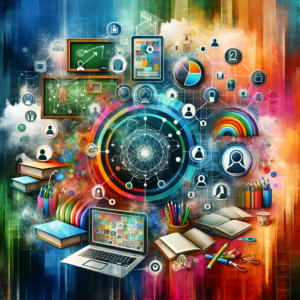 A digital collage showcasing a blend of traditional and modern educational elements. The image features laptops, tablets, and digital screens with educational content, juxtaposed with a chalkboard and textbooks. Symbols of collaboration, like interconnected human figures and network diagrams, illustrate the unity of educators in a community of practice. The background is colorful and dynamic, embodying the transformative essence of the OPLE project