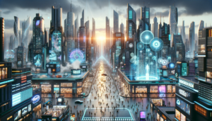 An expansive cityscape depicting a future where advanced technology and AI are integrated into daily life, with holographic displays, robots interacting with humans, and sleek, modern architecture.
