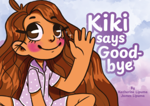 La imagen es una ilustración colorida que sirve de portada para el libro infantil "Kiki dice Adiós". Presenta una niña con una expresiva sonrisa, guiñando un ojo y saludando con su mano derecha. Su cabello castaño está parcialmente recogido con una trenza que cae sobre su hombro. Luce una blusa blanca con puntos morados y cuello de camisa. El fondo es un degradado de azul claro a blanco, que sugiere un ambiente amable y sereno. En la parte inferior aparecen los nombres de los autores, Katherine Lipuma y James Lipuma, en letras simples de color negro. El título del libro está escrito con una fuente grande y juguetona en tonos de morado, lo que añade un toque de diversión y fantasía a la portada. El estilo de la ilustración es caricaturesco y amigable, ideal para atraer a un público infantil.