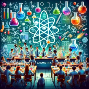 Illustration of chemistry educators and researchers collaborating in a lab filled with beakers, test tubes, and chemical formulas.