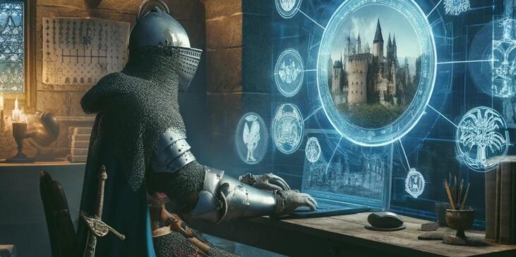 A knight in traditional armor sits at a modern computer within a room that blends medieval and futuristic elements, symbolizing the fusion of historical and digital worlds of digital chivalry