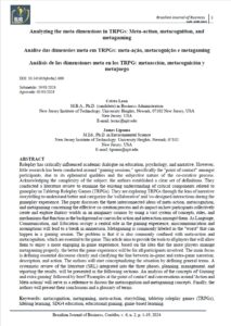 This is the cover page of an academic journal article titled "Analyzing the meta dimensions in TRPGs: Meta-action, metacognition, and metagaming," published in the Brazilian Journal of Business. The page includes the article's title in English and its translations into Portuguese and Spanish, along with author details and an abstract.