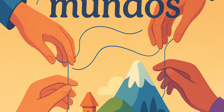 Ilustración colorida donde varias manos tejen con hilos un pequeño mundo flotante con castillo, montaña y río. Sobre ellas se lee “Lenguaje que construye mundos”, simbolizando la creación colectiva a través del lenguaje.