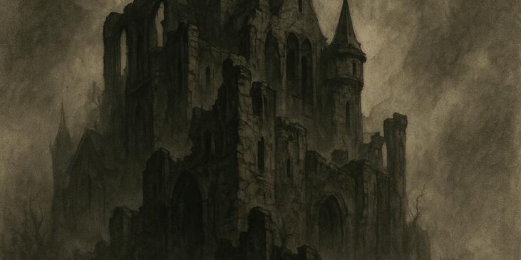 Ilustración de un castillo en ruinas envuelto en niebla espesa, con estilo gótico y ambiente sombrío.