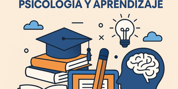 Ilustración digital con íconos de educación como libros, lápiz, laptop, cerebro y birrete, acompañados del texto: “Revistas Académicas Gratuitas para Publicar Artículos en Educación, Psicología y Aprendizaje”.