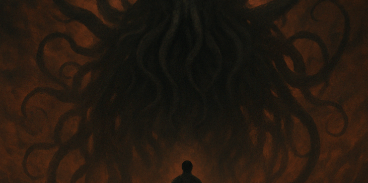 Ilustración surrealista de horror cósmico generada con DALL·E, donde una figura solitaria contempla una entidad tentacular colosal bajo un cielo distorsionado.