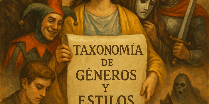 Ilustración alegórica en estilo pictórico clásico que muestra una figura central femenina con corona de laurel sosteniendo un pergamino con el título “Taxonomía de Géneros y Estilos”, rodeada por arquetipos teatrales y lúdicos como un bufón, un caballero, un fantasma, un filósofo, y un personaje trágico.