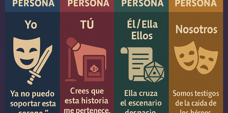 Infografía con cuatro paneles que muestran los puntos de vista narrativos: primera persona, segunda persona, tercera persona y cuarta persona, con ejemplos de teatro y juegos de rol.
