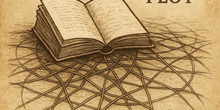 Ilustración de un libro abierto sobre una red de hilos entrelazados, con las palabras “TRAMA” y “PLOT” escritas al fondo, simbolizando la conexión entre narrativa y lenguaje.