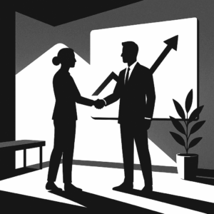 Imagen conceptual en blanco y negro que representa la innovación ejecutiva y el liderazgo colaborativo, con figuras humanas en diálogo y construcción conjunta de ideas en un entorno profesional moderno.