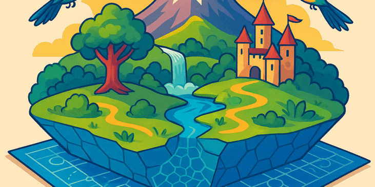 Ilustración colorida de un mundo fantástico en forma de isla flotante que surge desde un plano hexagonal de diseño, con un castillo, una montaña nevada, un río y dos colibríes a los lados.