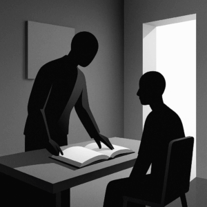 Imagen conceptual en blanco y negro que representa la colaboración académica y el intercambio de conocimiento abierto, con figuras humanas compartiendo ideas y recursos en un entorno simbólico de aprendizaje.