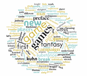 A circular word cloud displaying the most frequent terms from Shared Fantasy by Gary Alan Fine, with “games,” “fantasy,” “campaign,” “players,” “new,” and “first” appearing largest, surrounded by related terms such as “kuhn,” “break,” “preface,” “war,” and “gaming.”