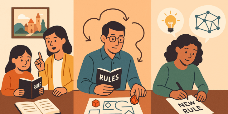 An illustration divided into three panels labeled Pedagogy, Andragogy, and Heutagogy. The first shows a teacher guiding a learner through a rulebook. The second shows an adult reading rules while manipulating game pieces. The third shows a learner creating a new rule while thinking about ideas and structures.