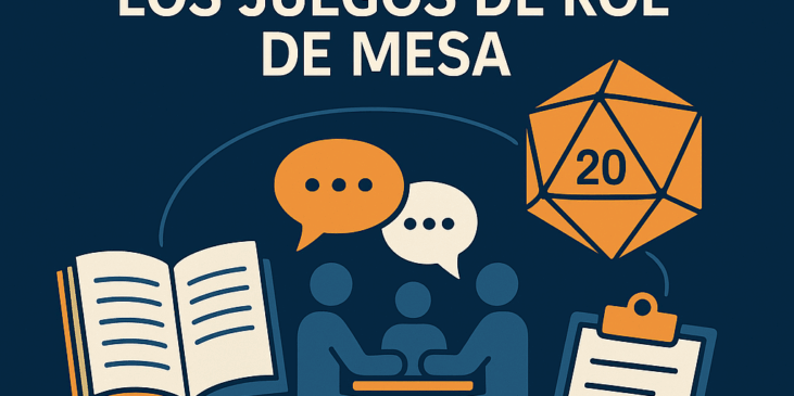 Ilustración conceptual con jugadores alrededor de una mesa, un dado de veinte caras, un libro abierto y un portapapeles, conectados como un sistema analítico del juego de rol.