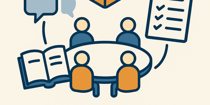 Ilustración conceptual de cuatro jugadores alrededor de una mesa conectados a un dado, un libro y un portapapeles, representando acuerdos meta-lúdicos y continuidad narrativa en juegos de rol.