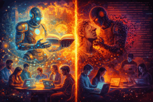 Split allegorical image showing two futures of AI in education: on one side, a luminous AI supports engaged students and collaborative learning; on the other, a dark AI erodes a classical human statue as students disengage behind screens.