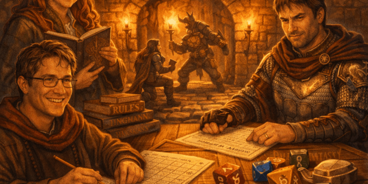 Ilustración alegórica de una mesa de Dungeons & Dragons: un Dungeon Master media la partida mientras jugadores gestionan personajes, mapas y dados en un espacio de ficción compartida.