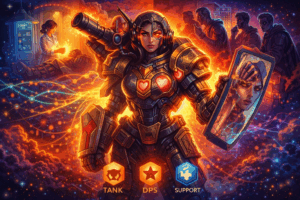 An allegorical illustration of a woman depicted as a cyborg Tank character, blending human features with armored, technological elements. She stands at the center of a digital battlefield, illuminated and highly visible, while data streams and social symbols surround her, representing scrutiny, emotion, and performance.