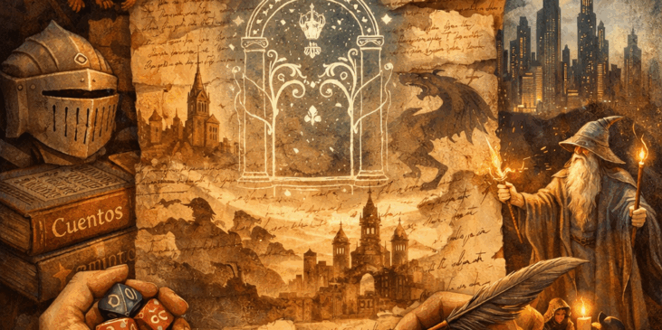 Ilustración de un pergamino antiguo con capas de escritura, dados de rol, un mago y escenas de fantasía y ciencia ficción que se superponen, representando el juego de rol como una narrativa construida sobre historias previas.