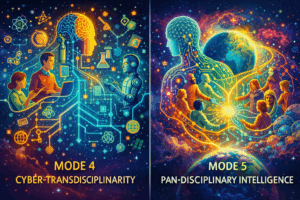 Split-panel illustration showing two futures of knowledge production: on the left, humans and an AI collaborate through glowing digital networks labeled “Mode 4 Cyber-Transdisciplinarity”; on the right, a diverse global community connected by light around the Earth represents “Mode 5 Pan-Disciplinary Intelligence.”