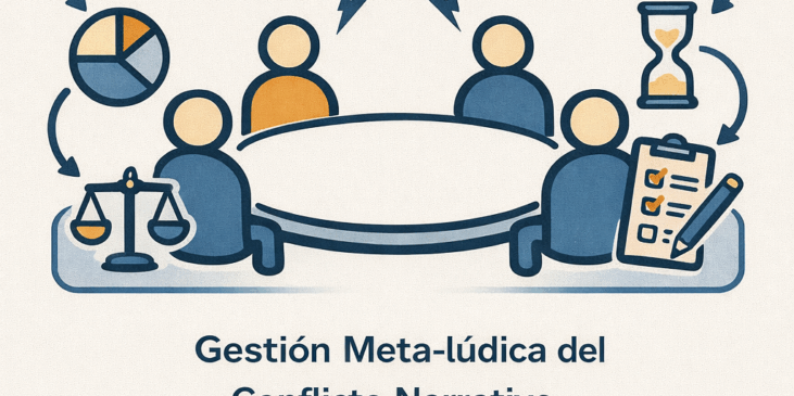 Ilustración conceptual de jugadores alrededor de una mesa con símbolos de conflicto y resolución, como balanza, reloj de arena, gráfico, dado y lista de verificación, representando la gestión meta-lúdica del conflicto narrativo en juegos de rol.