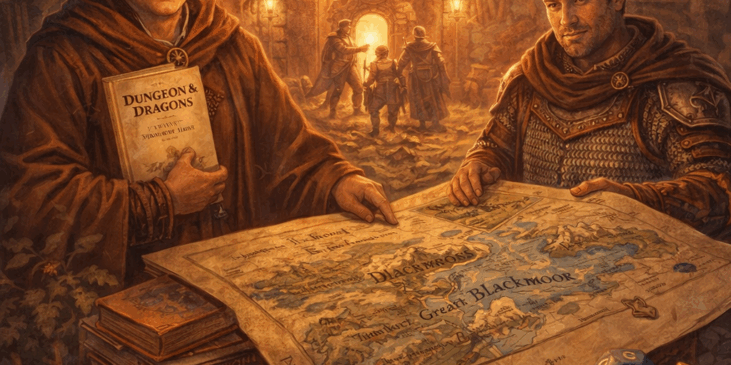 Ilustración alegórica de los orígenes del juego de rol: dos diseñadores analizan un mapa de campaña mientras una figura simbólica del árbitro emerge entre libros, dados y estandartes conceptuales.