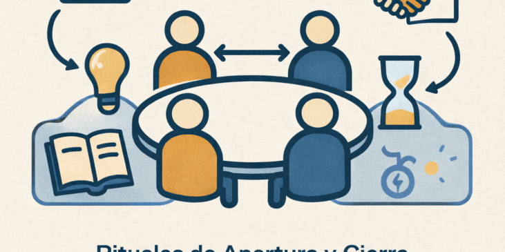 Ilustración conceptual de jugadores alrededor de una mesa con símbolos de inicio y cierre, como calendario, reloj de arena, libro, dado y apretón de manos, que representan rituales de encuadre en juegos de rol.