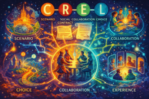 A colorful allegorical illustration showing the CREL Framework, with the five components—Scenario, Social Contract, Collaboration, Choice, and Experience—represented as interconnected glowing nodes surrounding a group engaged in role-playing at a central table.