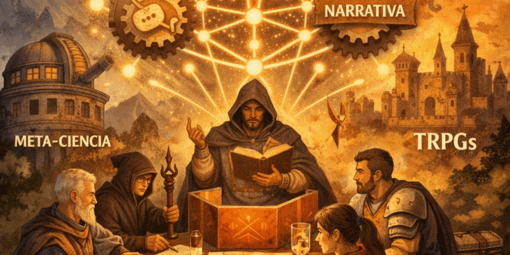 Ilustración alegórica de un grupo jugando juegos de rol de mesa donde reglas, roles y narrativa se conectan como una red reflexiva de meta-colaboración.