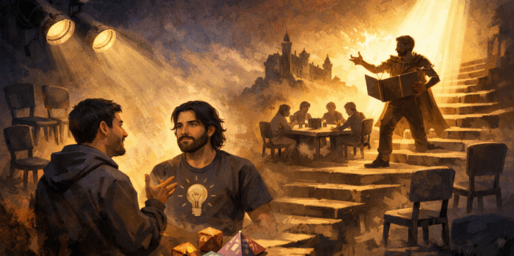 Dos personas conversan en primer plano mientras, al fondo, un director de juego conduce una mesa de rol iluminada, simbolizando cómo la dirección hace visible el juego.