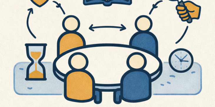 Ilustración de una mesa de juego de rol donde Dungeon Master y jugadores comparten la interpretación de reglas, representada mediante libros, flechas circulares y símbolos de tiempo alrededor de una mesa redonda.