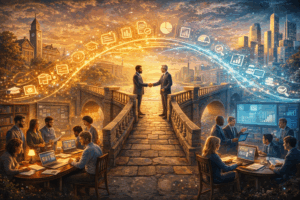 Allegorical illustration showing educators and administrators standing on opposite sides of a gap, connected by a bridge made of data, dialogue, and shared assessment tools within a university setting.