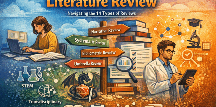 Infographic showing a decision tree for choosing the proper literature review, mapping research intent to review types such as narrative, systematic, bibliometric, and scoping reviews.