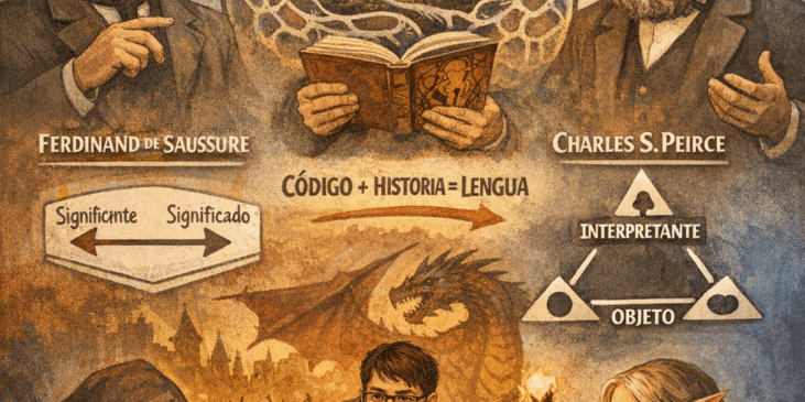 Ilustración que representa las teorías semióticas de Saussure, Lotman y Peirce aplicadas a los juegos de rol, con jugadores alrededor de una mesa y esquemas de signos y códigos.