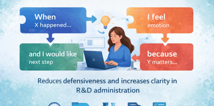 Illustration of The “I Statement” framework using four puzzle pieces: When X happened, I feel, because Y matters, and I would like next step, centered around an R&D administrator at a laptop.