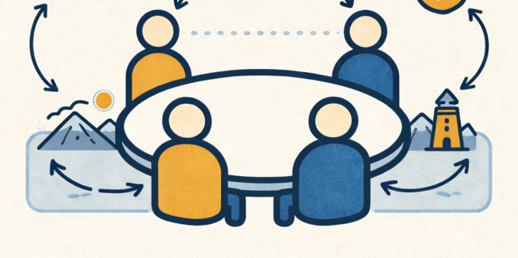 Ilustración conceptual de jugadores alrededor de una mesa conectados por símbolos repetidos, líneas de continuidad y elementos narrativos persistentes, que representan la estabilización semiótica del mundo de juego a lo largo del tiempo.