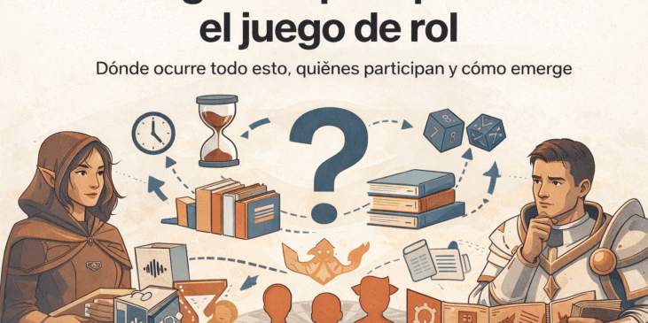 Ilustración conceptual sobre juegos de rol de mesa con personajes, dados, libros y símbolos de tiempo conectados alrededor de un signo de interrogación central.