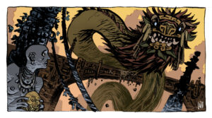 Illustration of Quetzalcoatl emerging from a golden egg, intertwining serpent form and human figure in a mythic landscape.