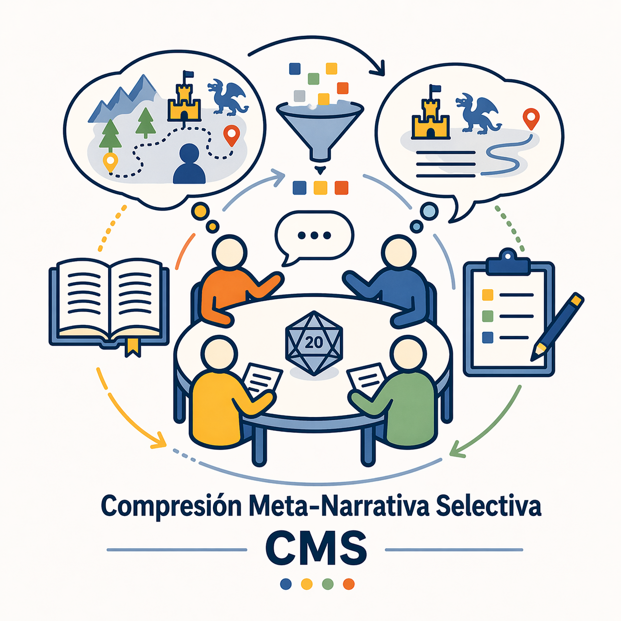 Ilustración conceptual de jugadores alrededor de una mesa con un embudo narrativo, burbujas de memoria y elementos resumidos, que representa la comprensión del pasado en juegos de rol.