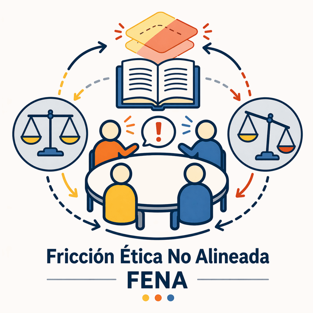 Ilustración conceptual de jugadores alrededor de una mesa con balanzas en equilibrio y desequilibrio, capas desalineadas y una burbuja de diálogo, representando conflicto ético en juegos de rol.