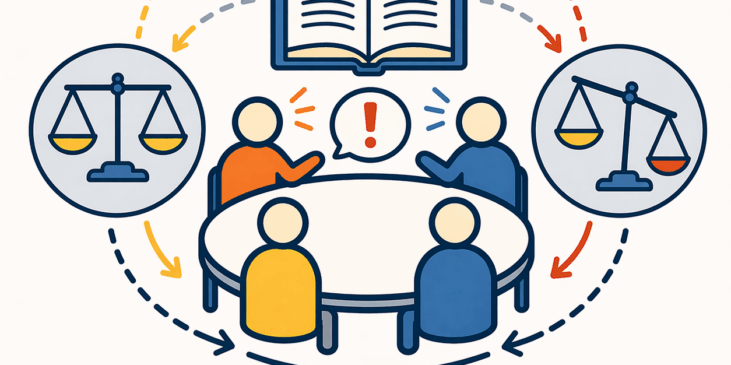 Ilustración conceptual de jugadores alrededor de una mesa con balanzas en equilibrio y desequilibrio, capas desalineadas y una burbuja de diálogo, representando conflicto ético en juegos de rol.