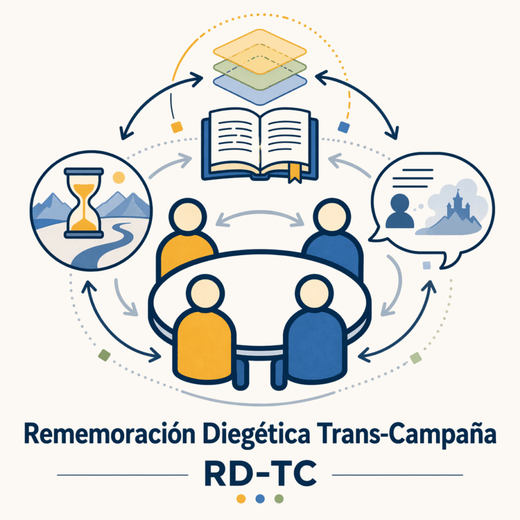 Ilustración conceptual de jugadores alrededor de una mesa conectados por un libro, capas superpuestas, un reloj de arena y burbujas de diálogo, que representan la rememoración del pasado y su transformación narrativa en juegos de rol de mesa.