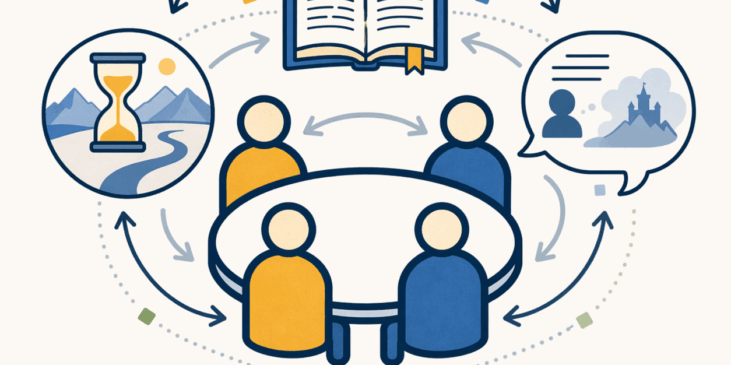 Ilustración conceptual de jugadores alrededor de una mesa conectados por un libro, capas superpuestas, un reloj de arena y burbujas de diálogo, que representan la rememoración del pasado y su transformación narrativa en juegos de rol de mesa.