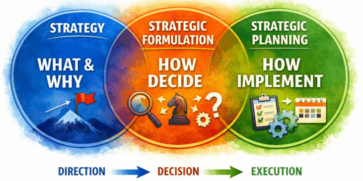 Three overlapping colored circles compare strategy, strategic formulation, and strategic planning, moving from direction to decision to execution.