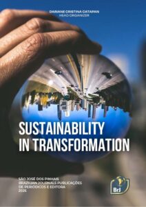 Book cover for Sustainability in Transformation, edited by Dariane Cristina Catapan, showing a hand holding a crystal sphere that reflects an inverted urban landscape, with the title in large white text.